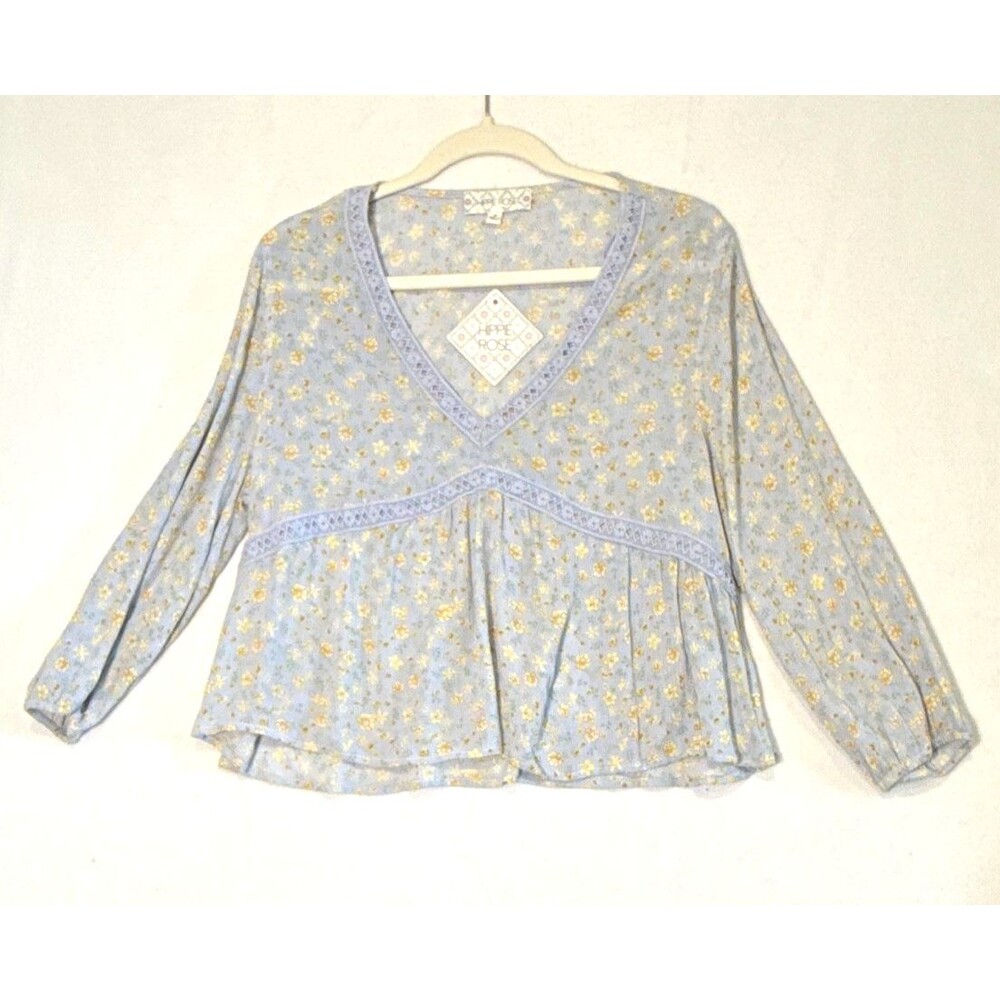 Hippie Rose NWT Blue Ditsy Floral Babydoll Peasant Blouse M Lace Top Cottagecore